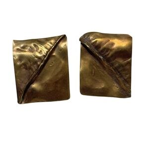 VTG Brutalist Brass Earrings Signed Jano Pierced Modernist MCM textured Artisan